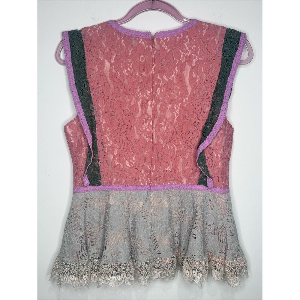 Sugar + Lips Colorblock Lace Peplum Top Blush Pink Sage Green Lavender Size L - Picture 8 of 8